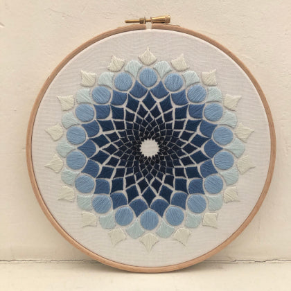 Kaleidoscope OG blue (kit example) dark to light finished embroidery hoop