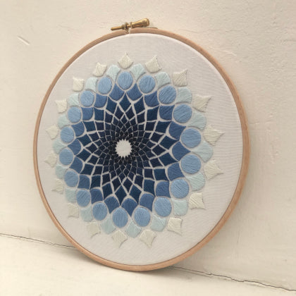Kaleidoscope OG blue (kit example) dark to light finished embroidery hoop