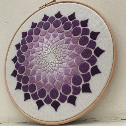 Kaleidoscope OG purple (kit example) light to dark finished embroidery hoop