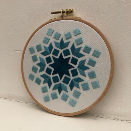 Rectangle turquoise (kit example) dark to light finished embroidery hoop