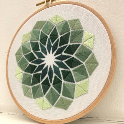 Rhombus green (kit example) dark to light finished embroidery hoop