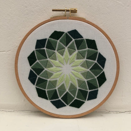 Rhombus green (kit example) light to dark finished embroidery hoop