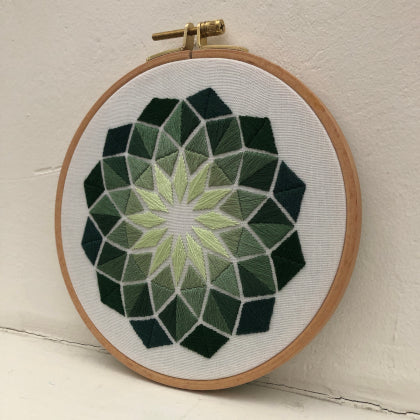 Rhombus green (kit example) light to dark finished embroidery hoop