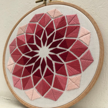 Rhombus pink (kit example) dark to light finished embroidery hoop