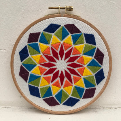 Rhombus rainbow (kit example) light to dark finished embroidery hoop