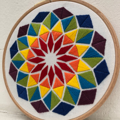 Rhombus rainbow (kit example) light to dark finished embroidery hoop