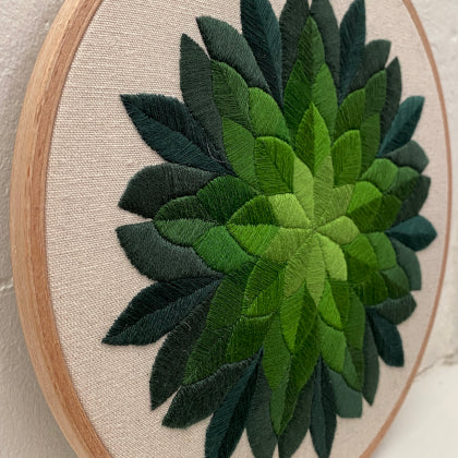 Succulent satin & fishbone stitch finished embroidery hoop