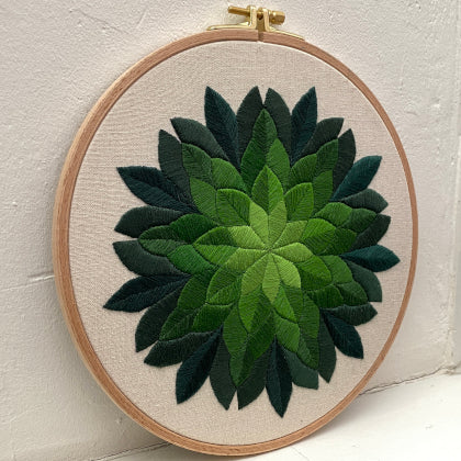Succulent satin & fishbone stitch finished embroidery hoop