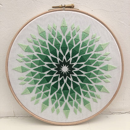 Adamas (kit example) dark to light green finished embroidery hoop