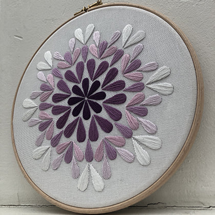 Drop (kit example) dark to light purple finished embroidery hoop