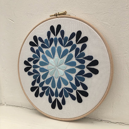 Drop (kit example) light to dark blue finished embroidery hoop