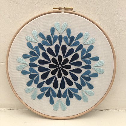 Drop (kit example) dark to light blue finished embroidery hoop