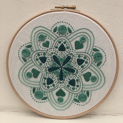 Mandala varia (kit example) green finished embroidery hoop