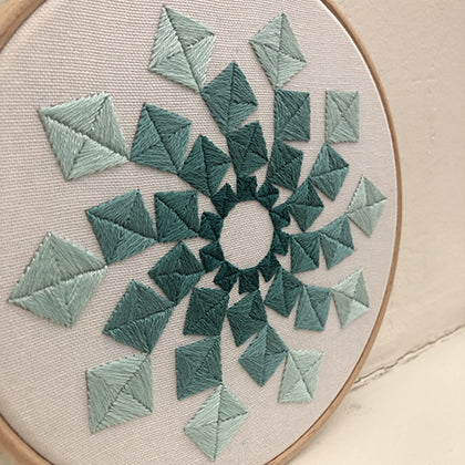 Vier (kit example) dark to light green finished embroidery hoop