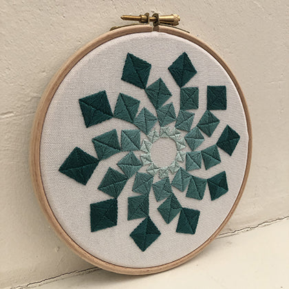 Vier (kit example) light to dark green finished embroidery hoop